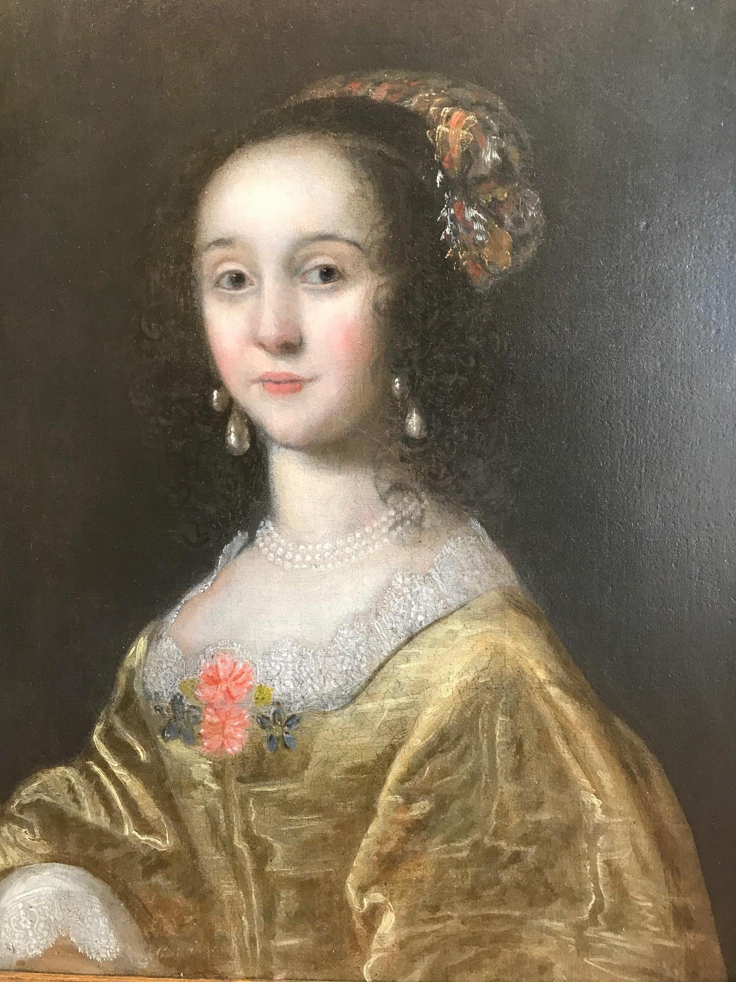 17th Century Oil Painting Portrait of Lady in Yellow Dress & Embroidered headdre 2