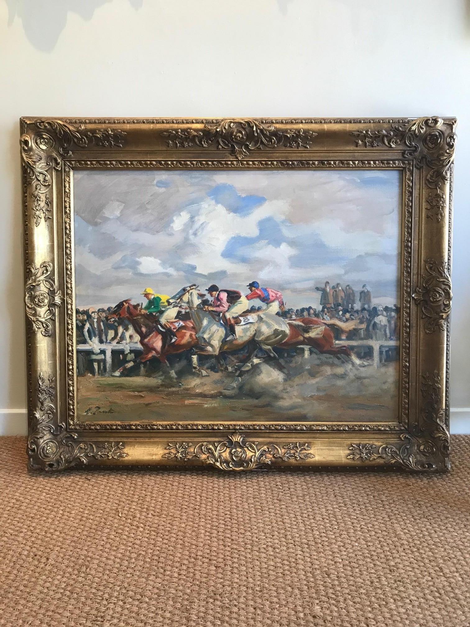 Impressionist 1910 Oil Painting by Angelo Jank of The Finish, The Horse Race - Gray Animal Painting by Angelo JANK
