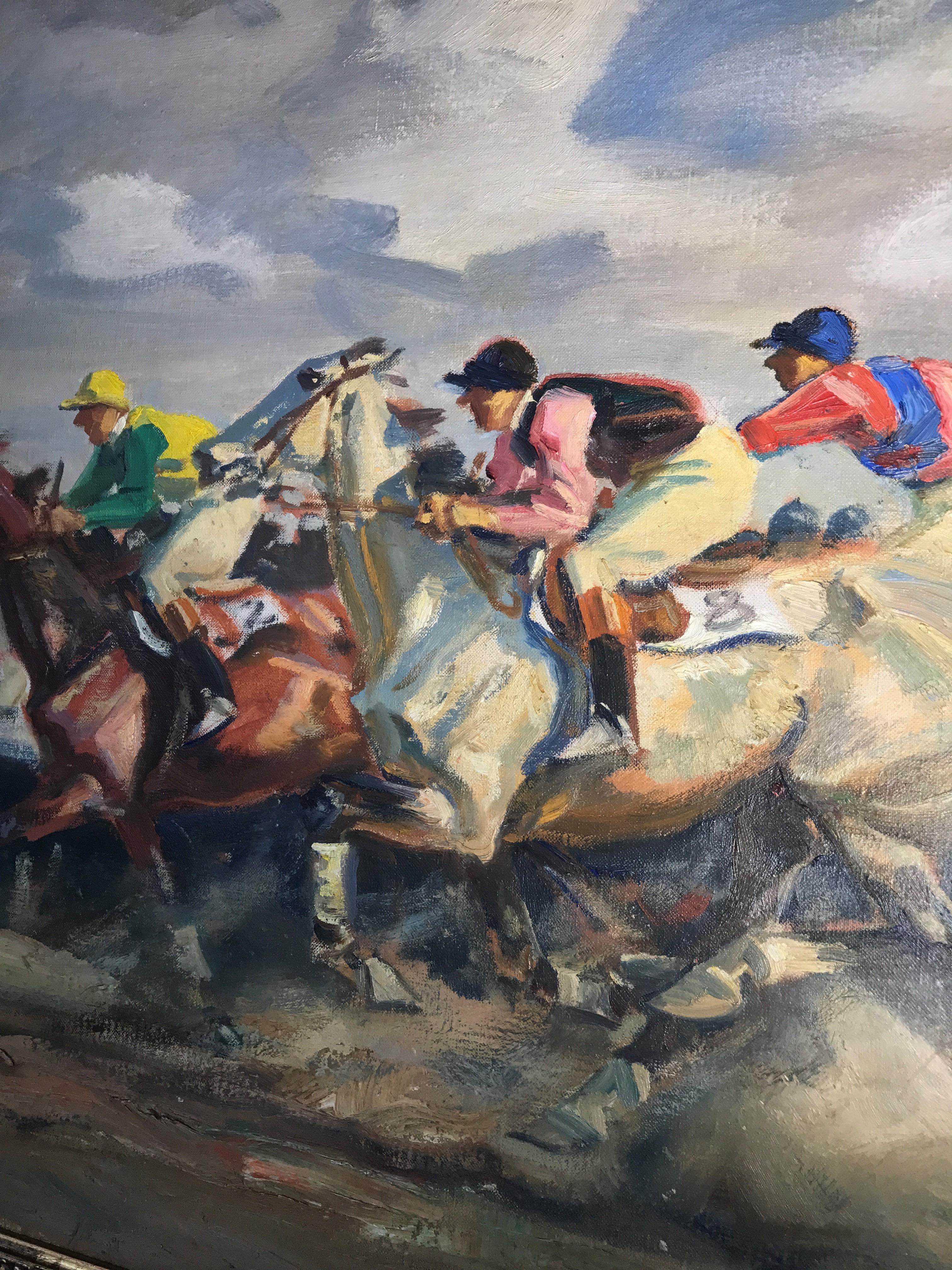 Angelo JANK Animal Painting - Impressionist 1910 Oil Painting by Angelo Jank of The Finish, The Horse Race