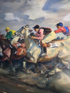 Impressionist 1910 Oil Painting by Angelo Jank of The Finish, The Horse Race