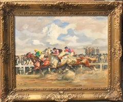 Impressionist 1910 Oil Painting by Angelo Jank of The Finish, The Horse Race