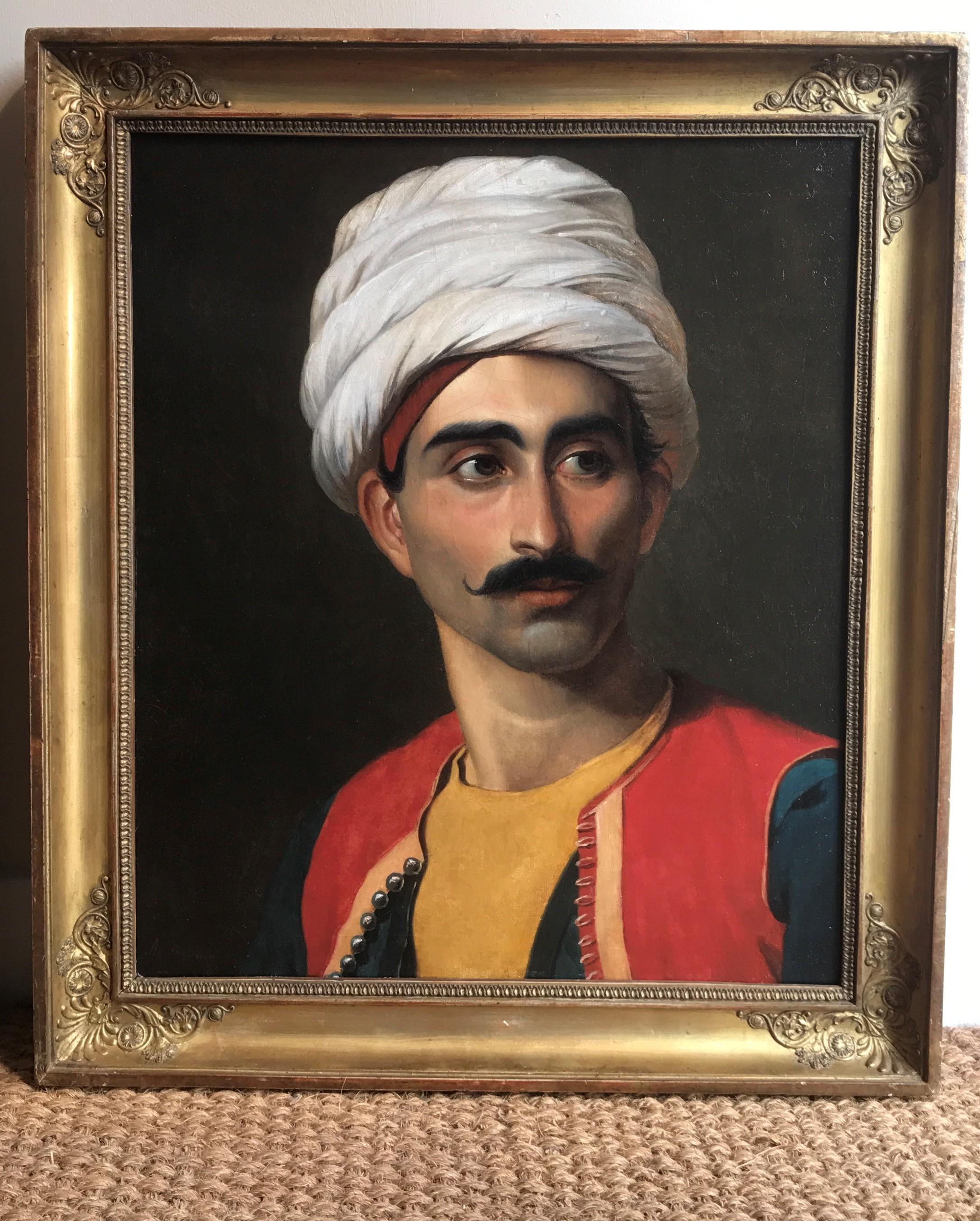 Portrait of The Bedouin Keeper of the Royal Giraffe, Hassan El Berberi c. 1827 - Brown Figurative Painting by A.S. Dujardin