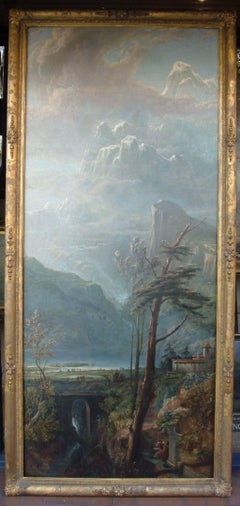 Antique 19th Century Oil Painting A Landscape View of Mont Blanc with Chateau de Chillon