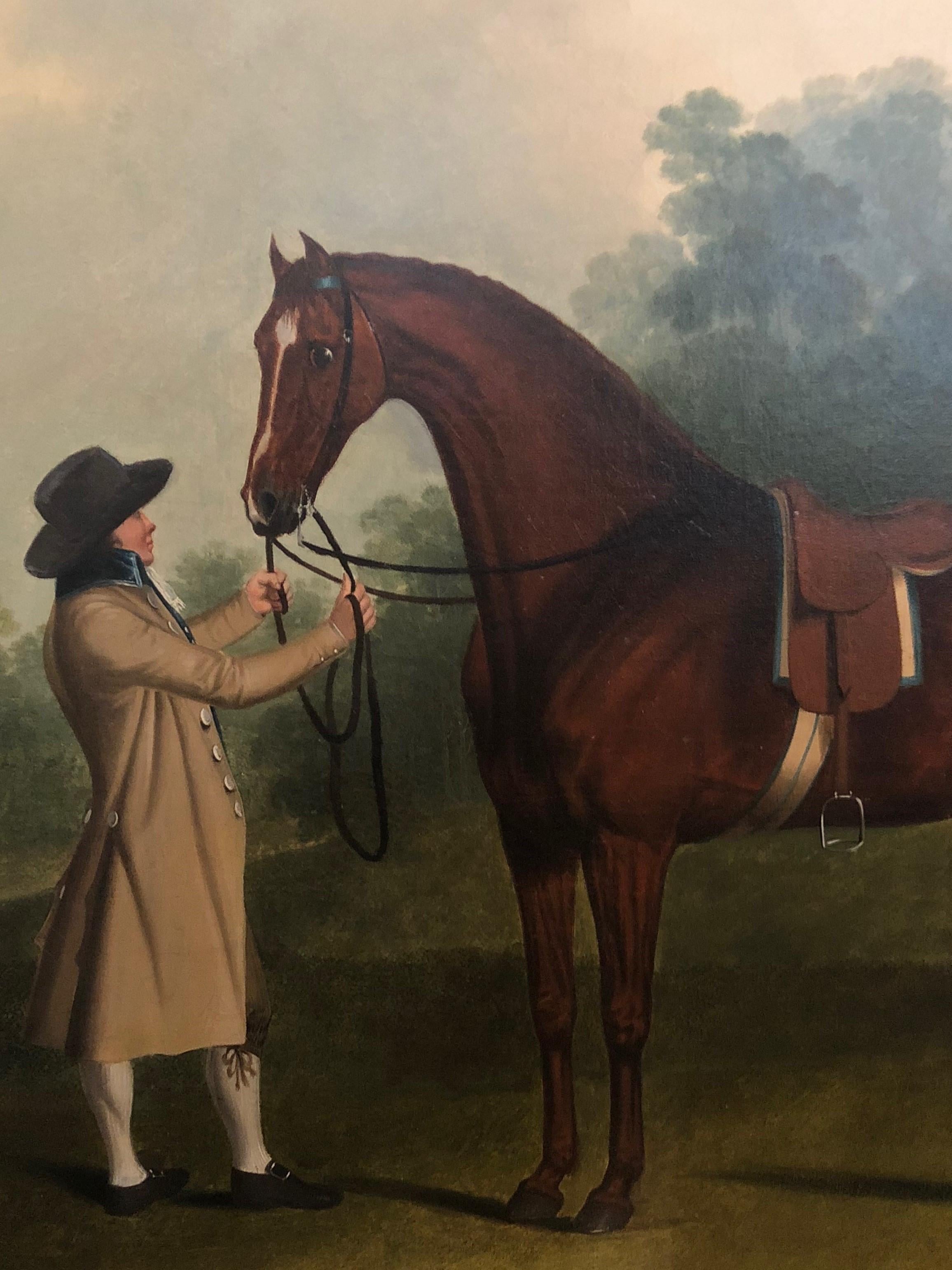 Peinture à l'huile du 18e siècle représentant un cheval et son maître - chasseur et chasseur - Marron Animal Painting par Charles Towne