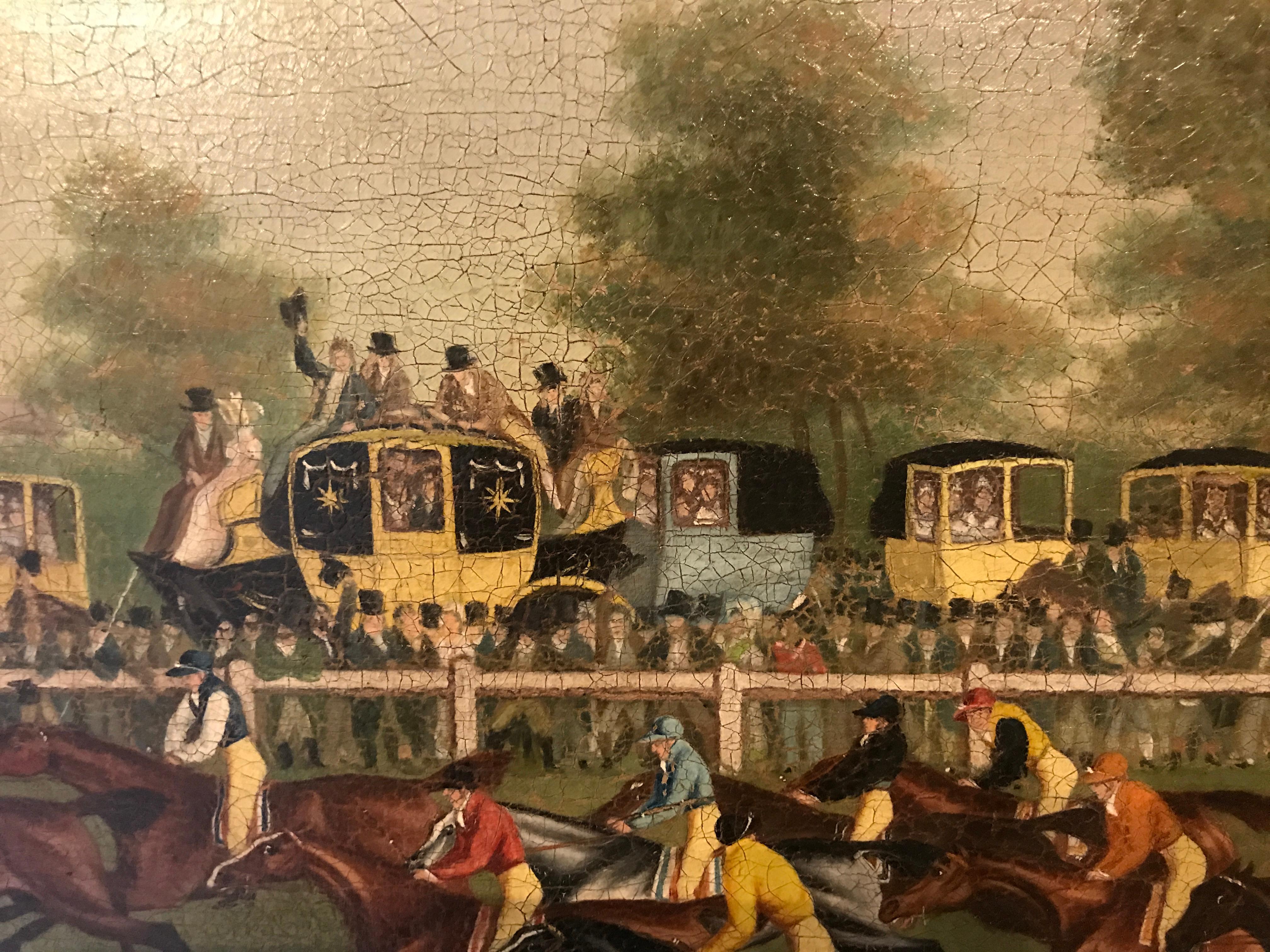 Captivating Oil Painting of Horse Racing - The Gold Cup at Doncaster 1839 - Brown Landscape Painting by Attributed to James Pollard