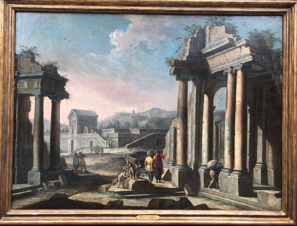 Serene C18th Pair of Architectural Capricci Oil Paintings of Classical Ruins - Black Figurative Painting by Giuseppe Zocchi