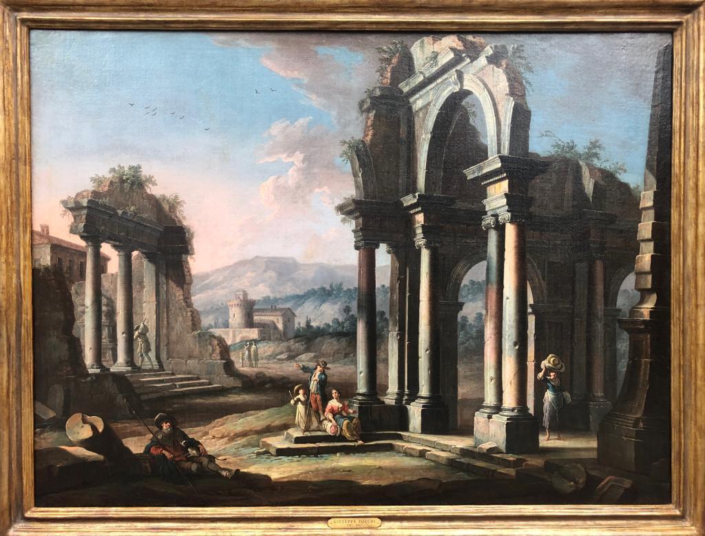 Giuseppe Zocchi Figurative Painting - Serene C18th Pair of Architectural Capricci Oil Paintings of Classical Ruins