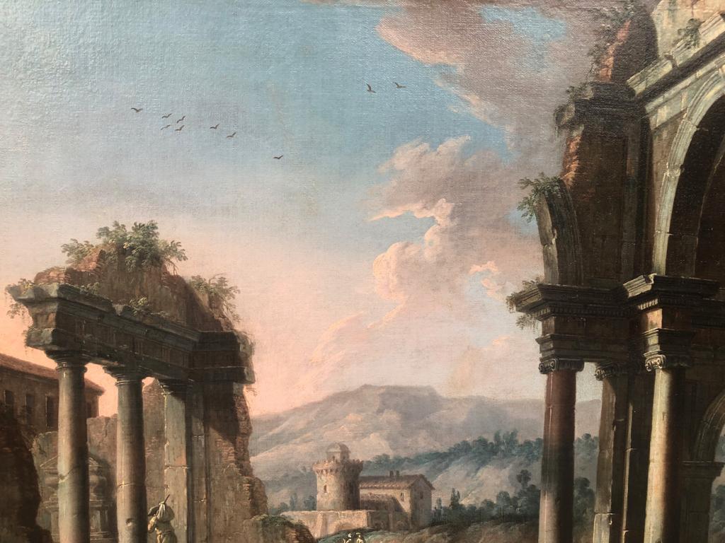 Serene C18th Pair of Architectural Capricci Oil Paintings of Classical Ruins 7