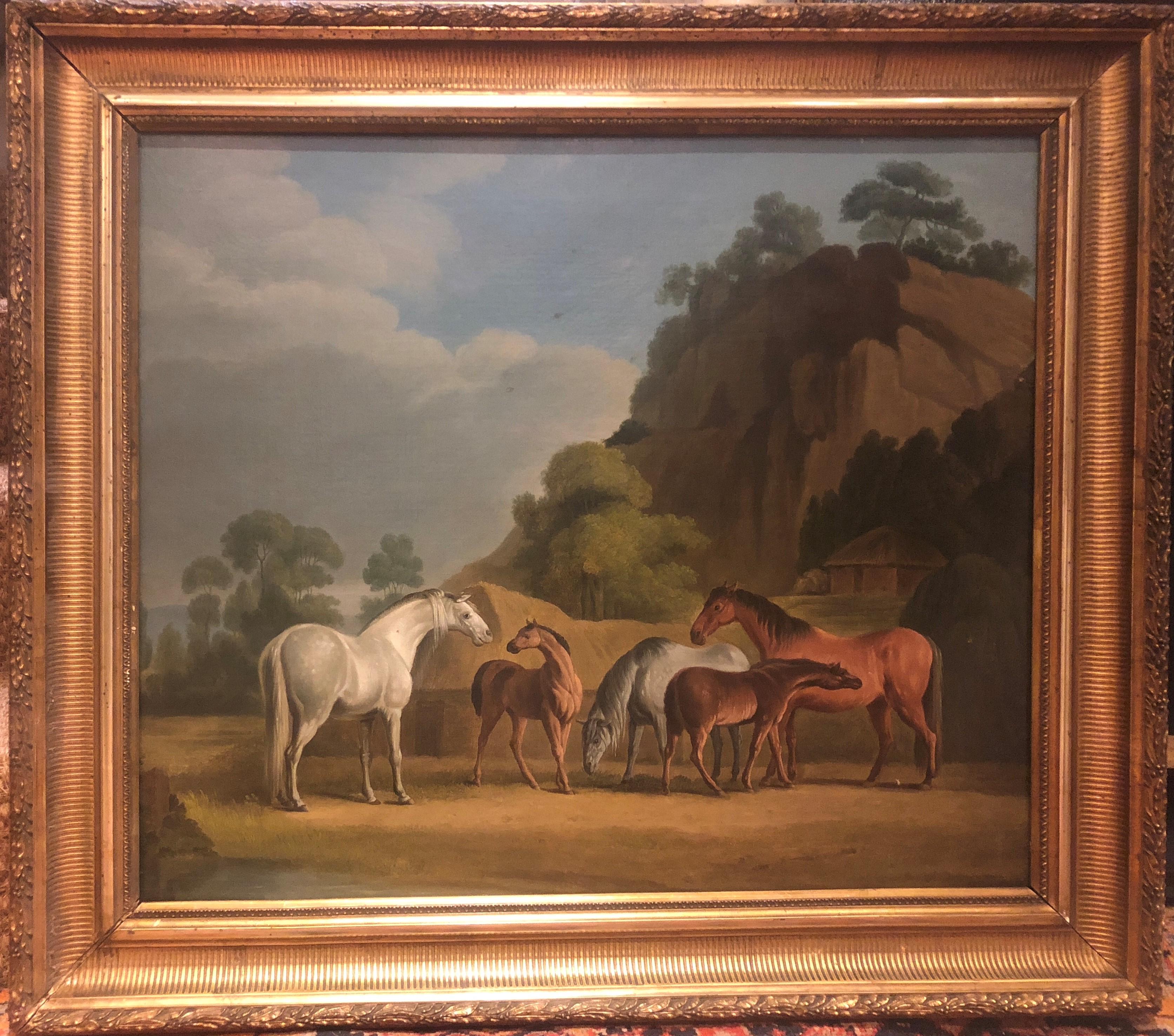 19th Century Oil painting of horses - Mares and Foals in a Landscape