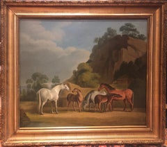 19th Century Oil painting of horses - Mares and Foals in a Landscape