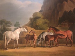 19th Century Oil painting of horses - Mares and Foals in a Landscape