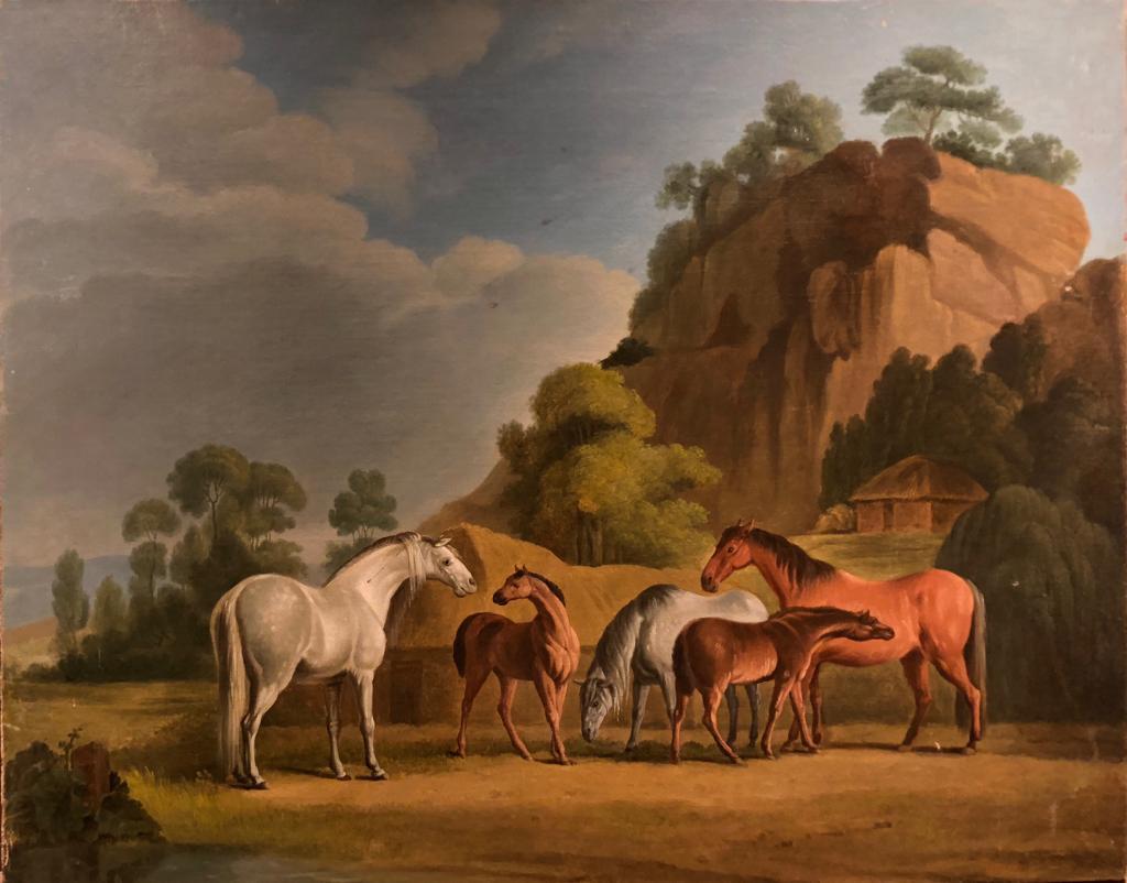 Ölgemälde von Pferden aus dem 19. Jahrhundert – Mares und Foals in einer Landschaft (Alte Meister), Painting, von Daniel Clowes