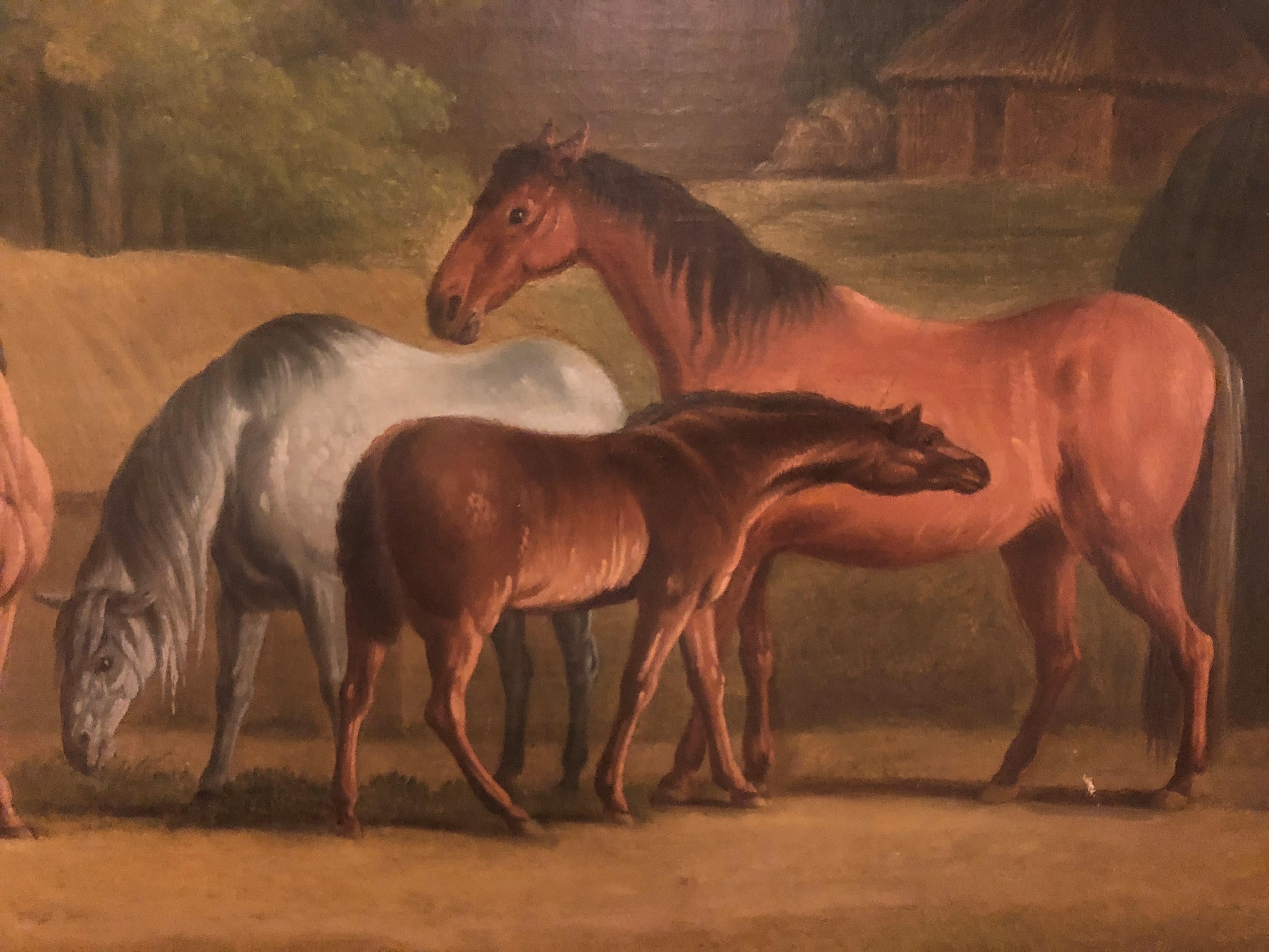 Ölgemälde von Pferden aus dem 19. Jahrhundert – Mares und Foals in einer Landschaft (Braun), Landscape Painting, von Daniel Clowes