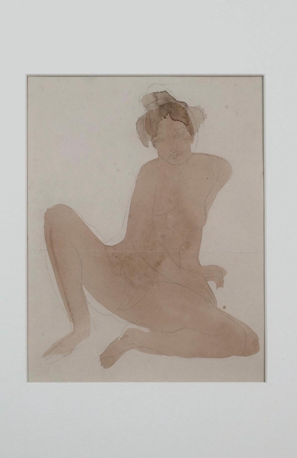 Seltenes Rodin-Aquarell und Bleistift auf Papier eines sitzenden Akts – Der kambodschanische Tänzerin – Art von Auguste Rodin