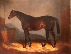 19th Century Oil Painting of Bay Race Horse in a Stable