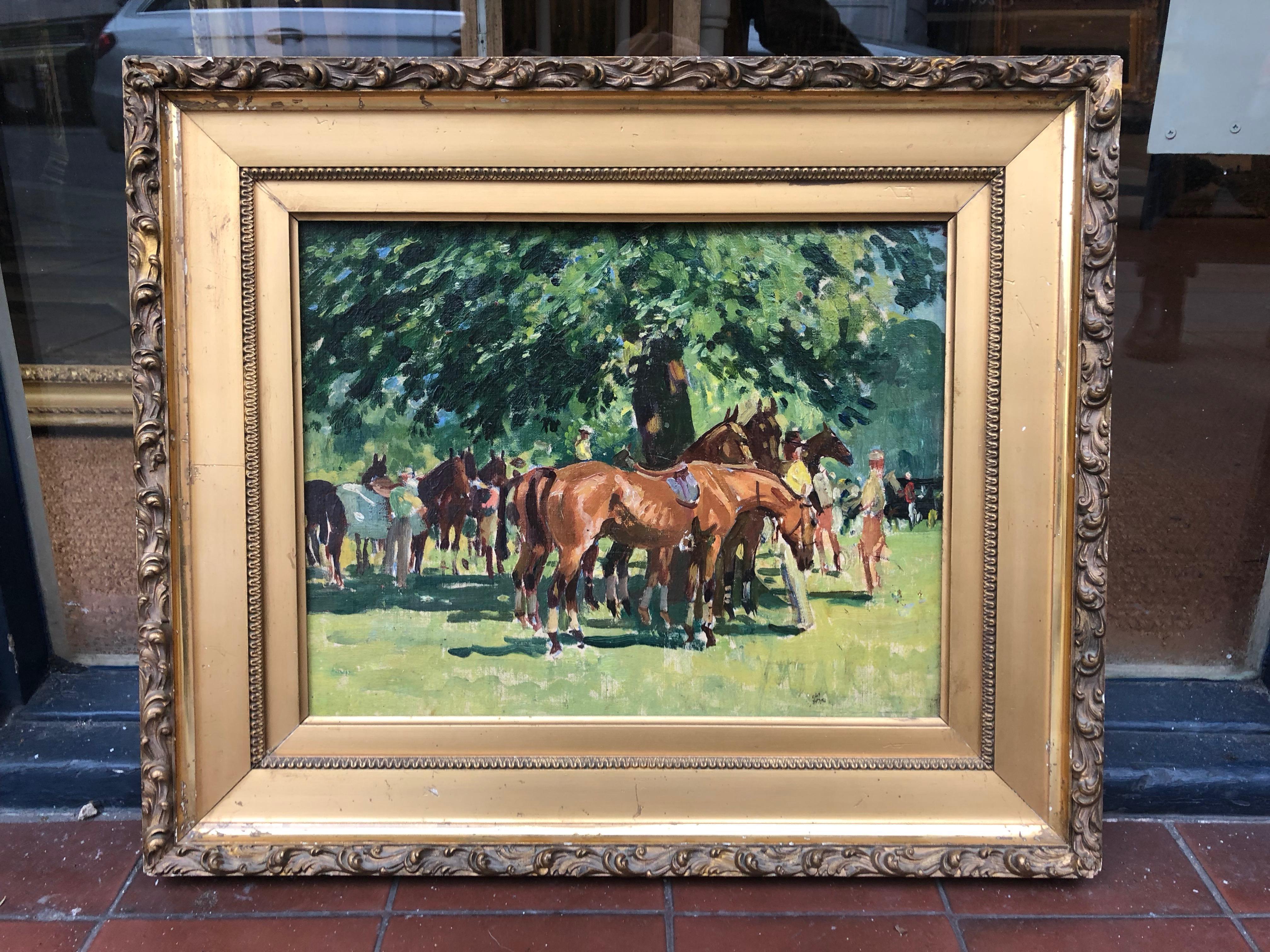 Frederic Whiting Animal Painting - Impressionist Oil Painting of Polo Horses - In the Pony Lines