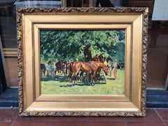 Antique Impressionist Oil Painting of Polo Horses - In the Pony Lines