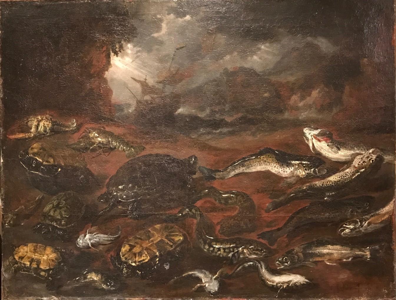 17th Century Oil Painting Still Life: Turtles & Fish with a Ship in Stormy Seas