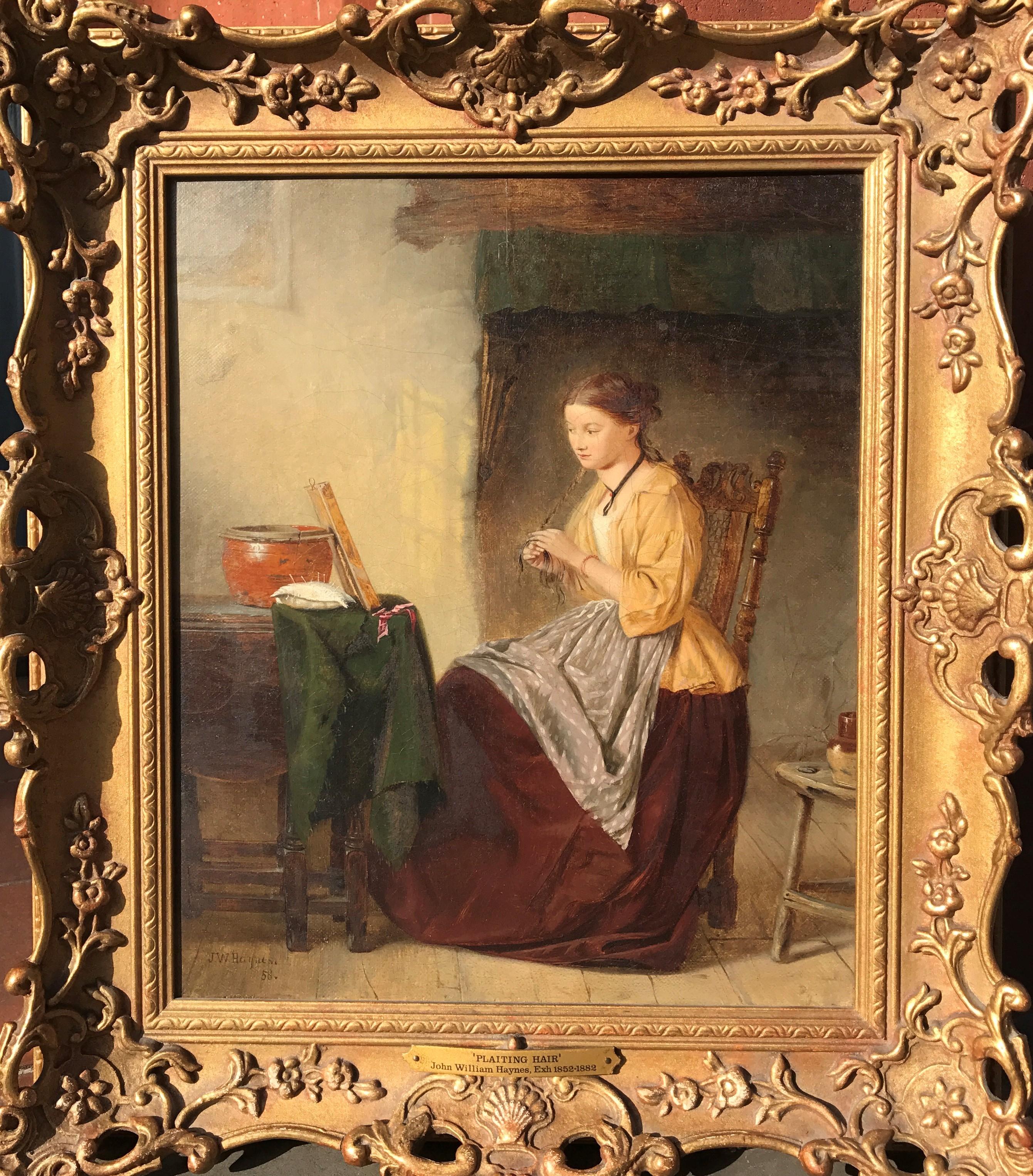 John William HAYNES Interior Painting - 19th Century English Victorian Intimate Oil Painting of Girl plaiting her hair