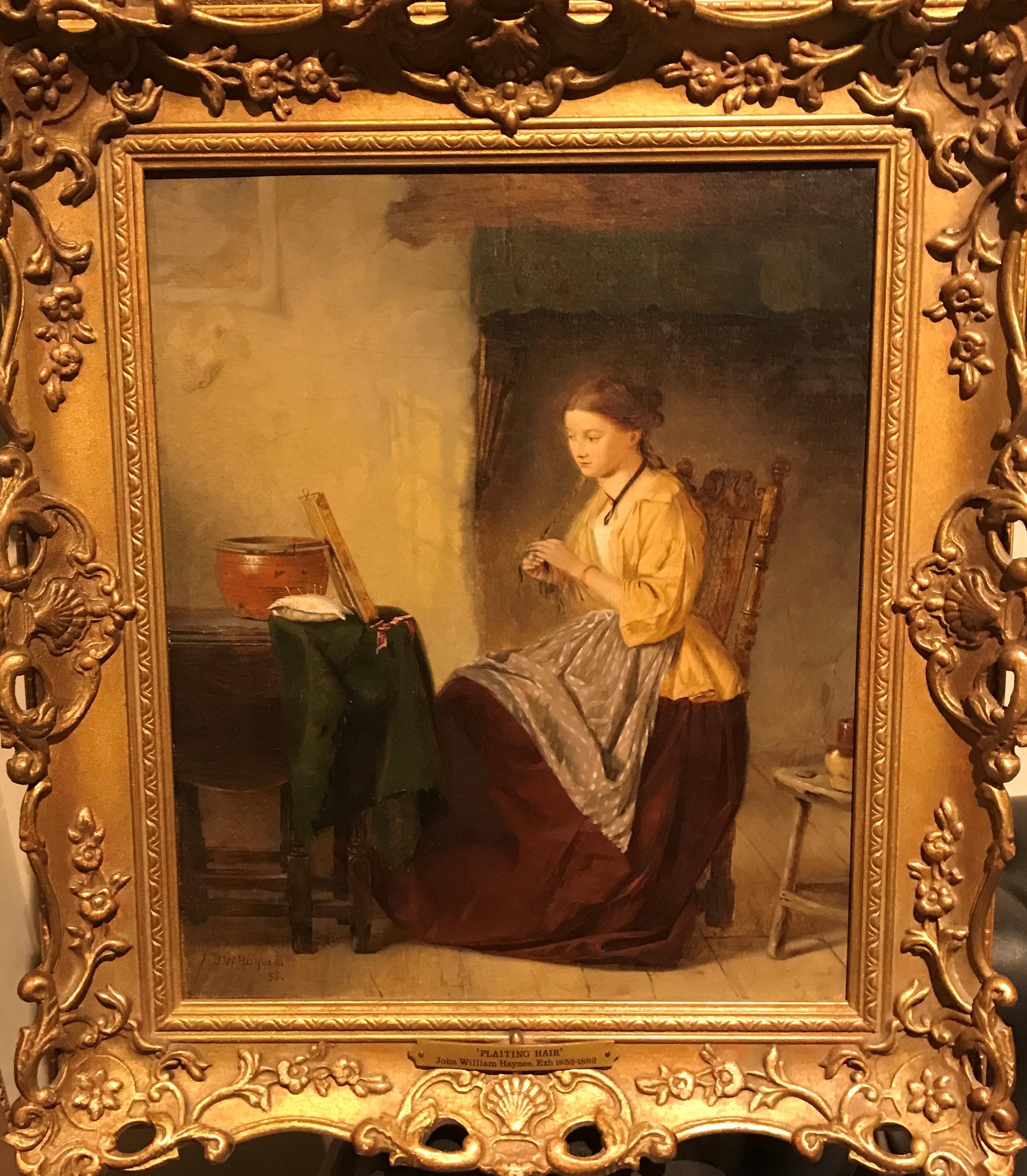 19th Century English Victorian Intimate Oil Painting of Girl plaiting her hair - Brown Interior Painting by John William HAYNES