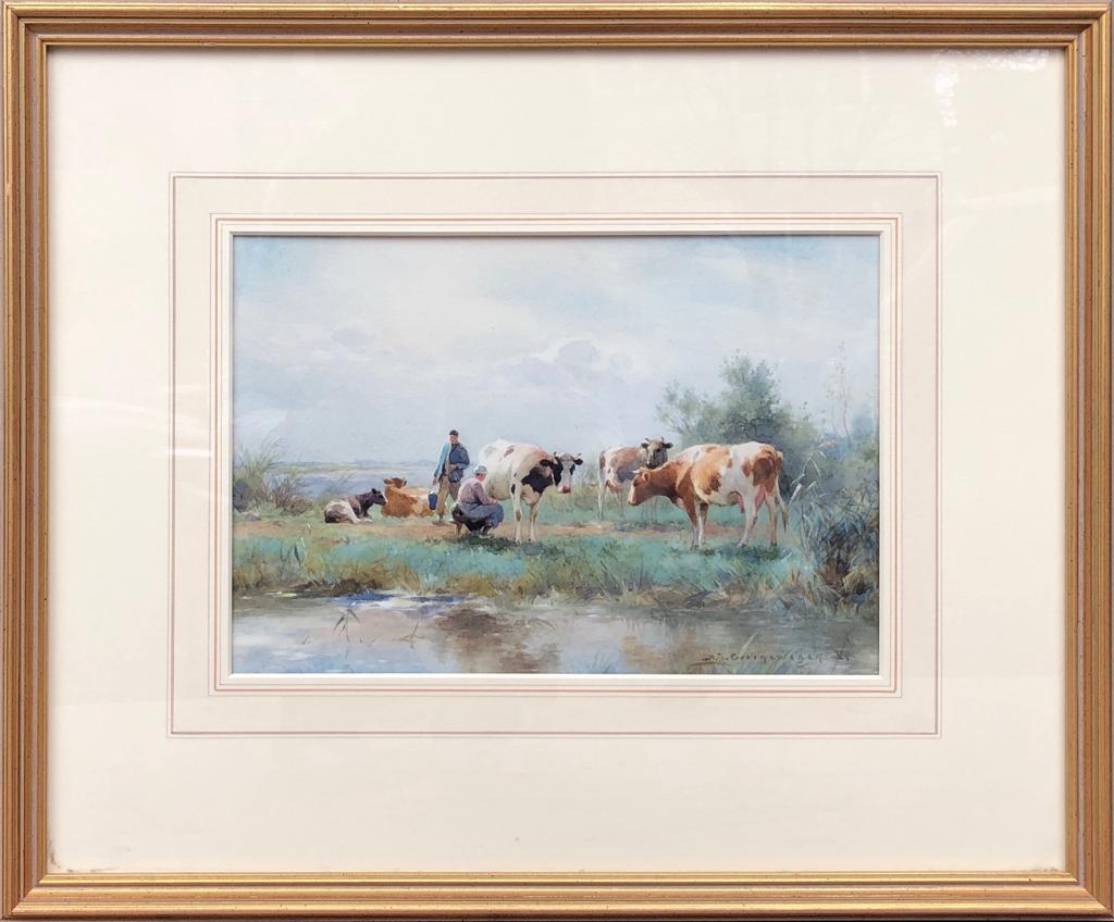 Adrianus Johannes Groenewegen Landscape Art - 19th Century Dutch Watercolour Landscape Painting with Cows: 'Milking Time'