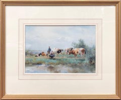 19th Century Dutch Watercolour Landscape Painting with Cows: 'Milking Time'