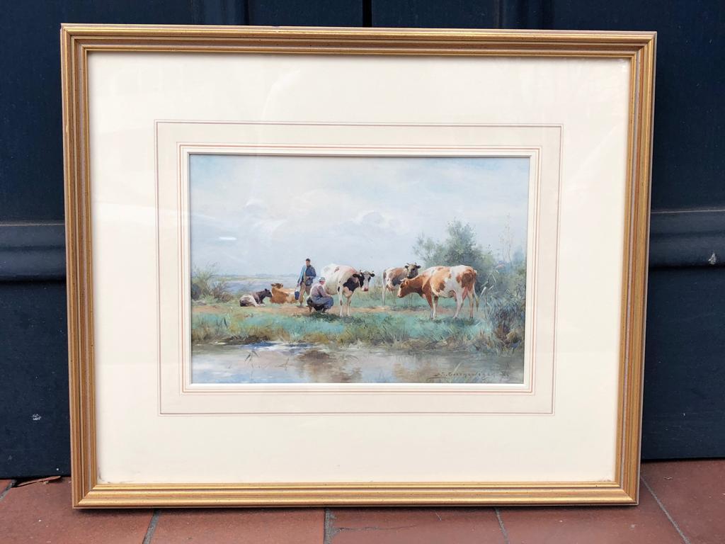 19th Century Dutch Watercolour Landscape Painting with Cows: 'Milking Time' - Art by Adrianus Johannes Groenewegen