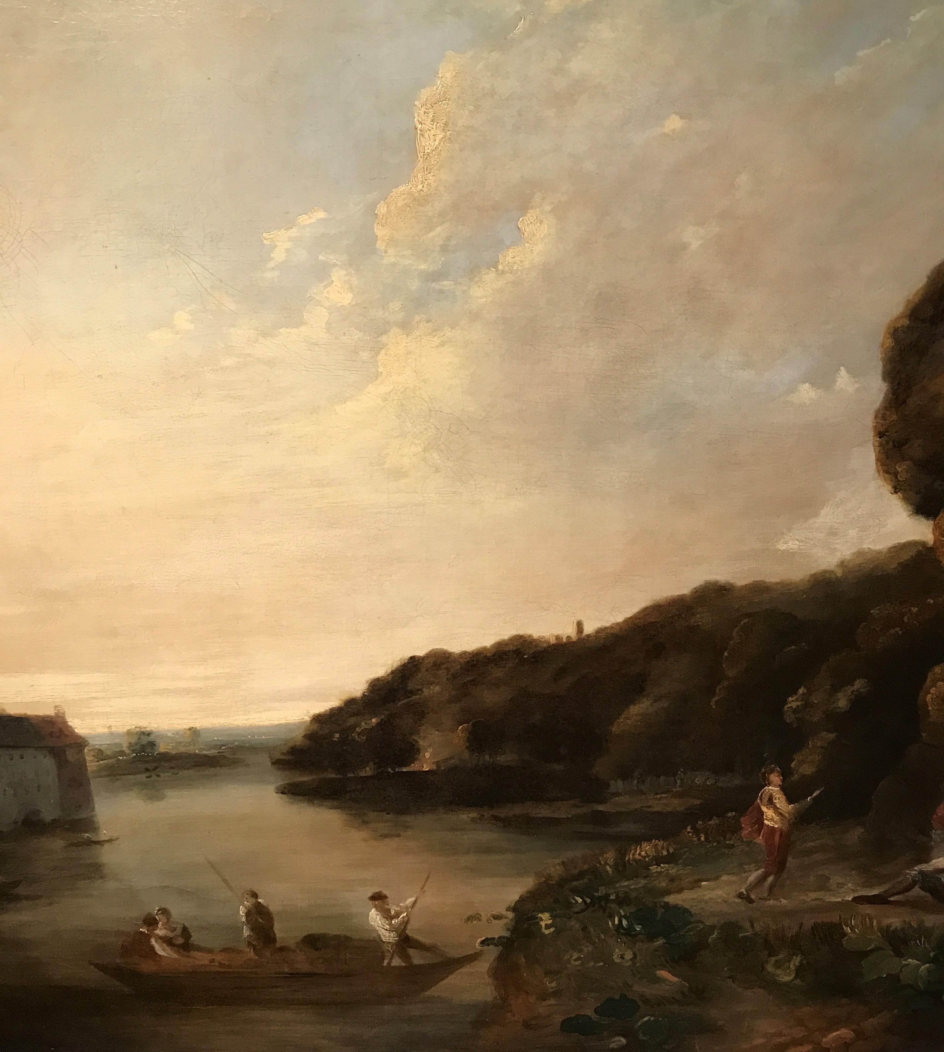 Peinture à l'huile anglaise du 18e siècle représentant un paysage à l'huile : des personnages élégants le long de la rivière Wye - Painting de Attributed to William Marlow