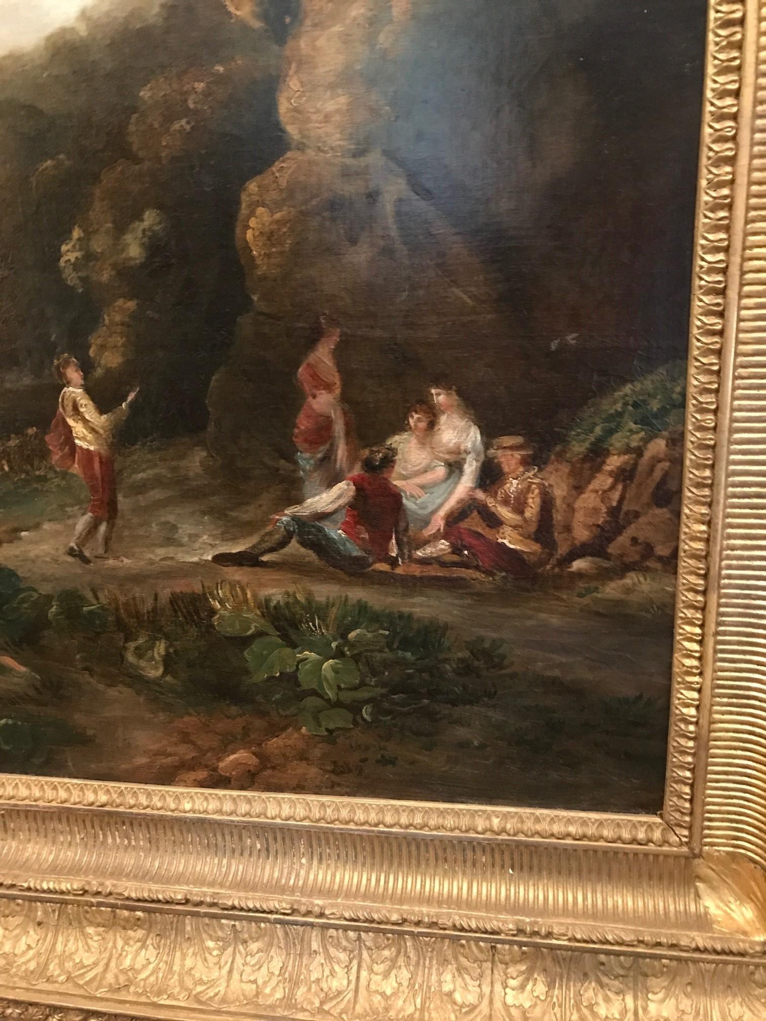 Peinture à l'huile anglaise du 18e siècle représentant un paysage à l'huile : des personnages élégants le long de la rivière Wye - Maîtres anciens Painting par Attributed to William Marlow