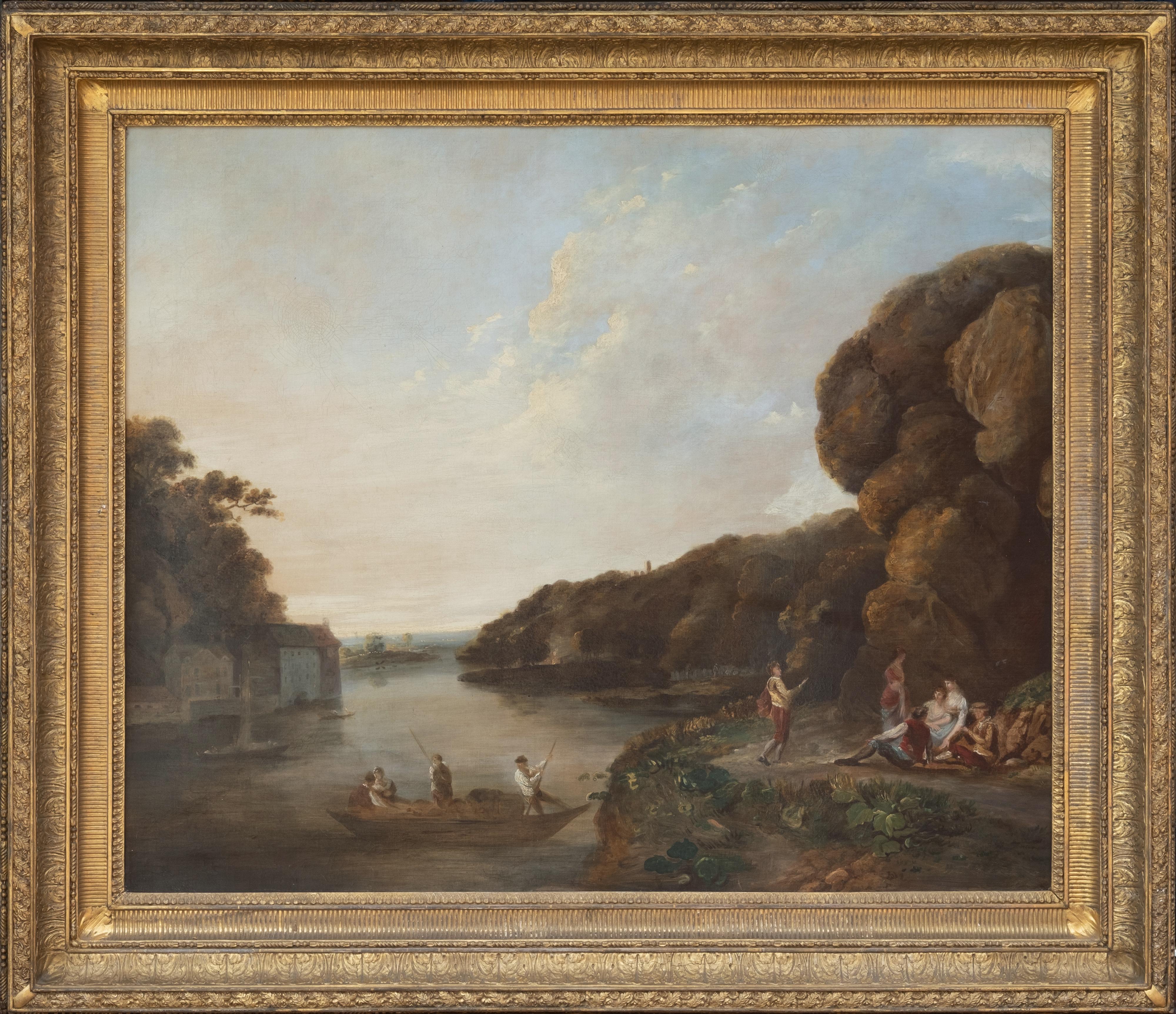Peinture à l'huile anglaise du 18e siècle représentant un paysage à l'huile : des personnages élégants le long de la rivière Wye en vente 1