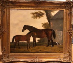 19th Century English Oil Horse Painting: Mare & Foal in landscape with Dog