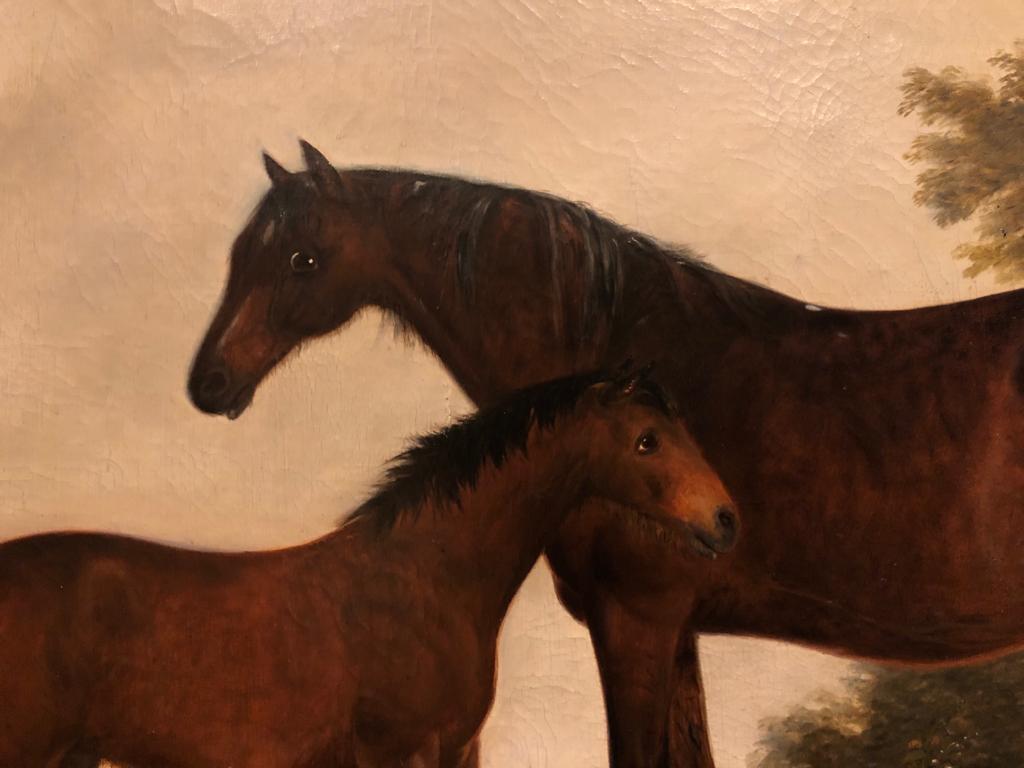 19th Century English Oil Horse Painting: Mare & Foal in landscape with Dog  - Brown Figurative Painting by George Newmarch