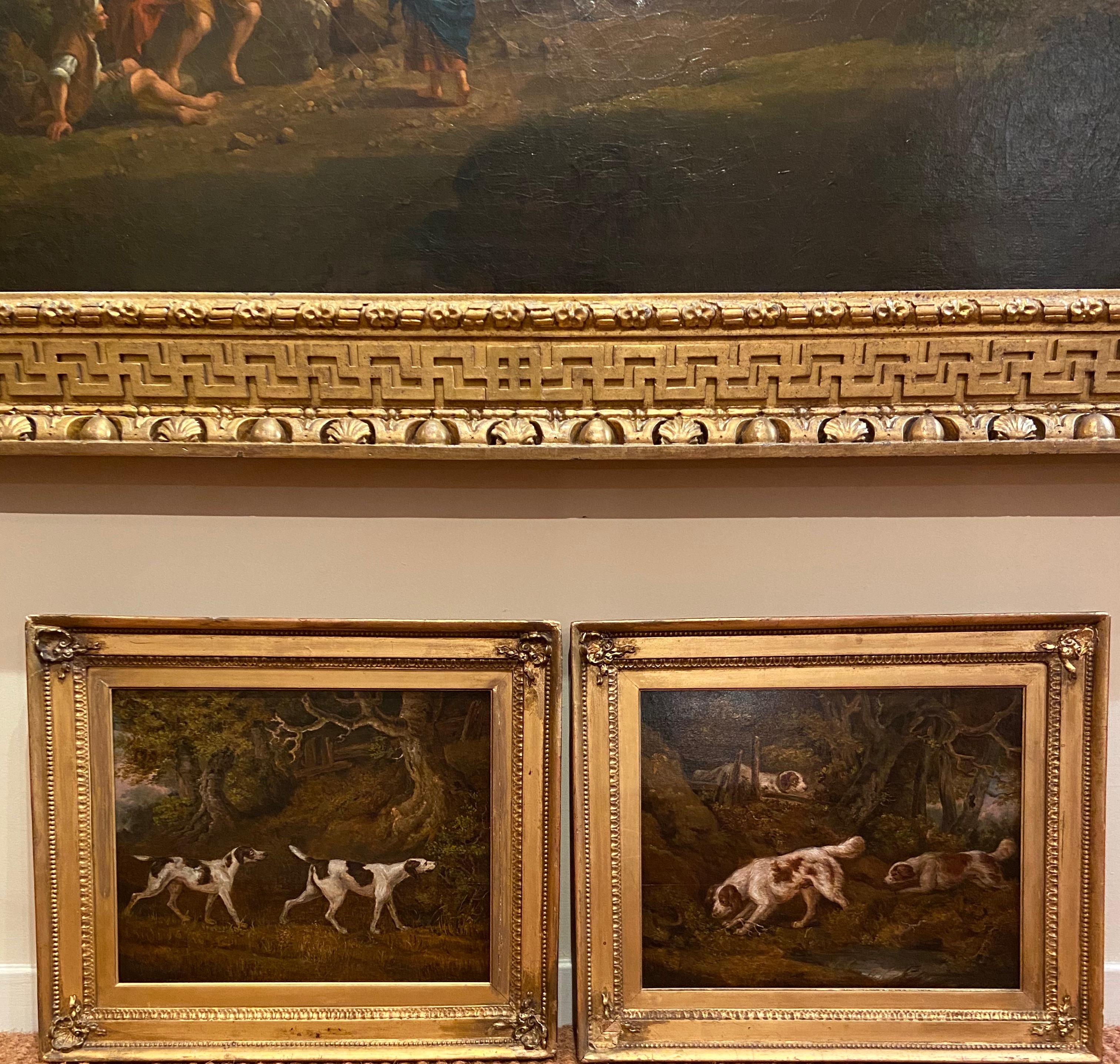 A Pair of 18th Century Spaniels and Pointers Hunting - Painting by Ramsay Richard Reinagle