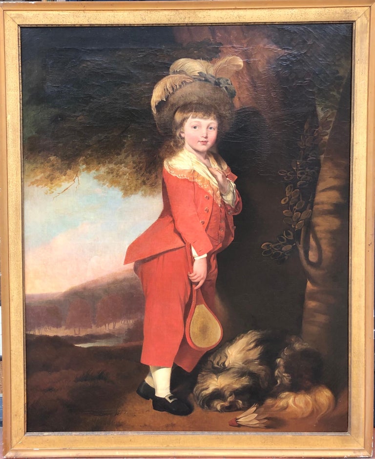 A Large Full-Length Portrait of a Boy in Red with Badminton Paraphernalia For Sale 2