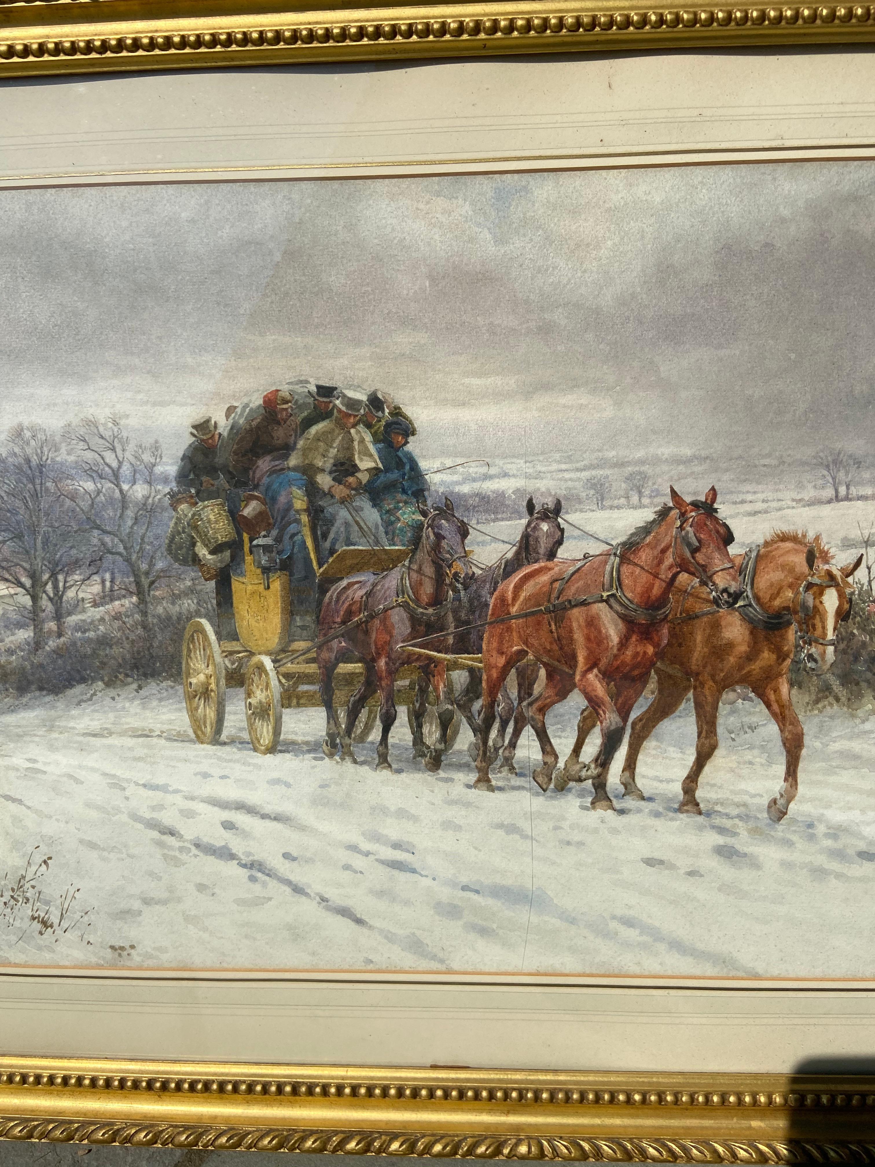 Gorgeous 19th Century Watercolour of a Horse-Drawn Carriage in the Snow - Painting by William Barnes Wollen