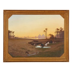 Large Orientalist landscape painting of the pyramids of Giza, Egypt