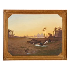 Large Orientalist landscape painting of the pyramids of Giza, Egypt 