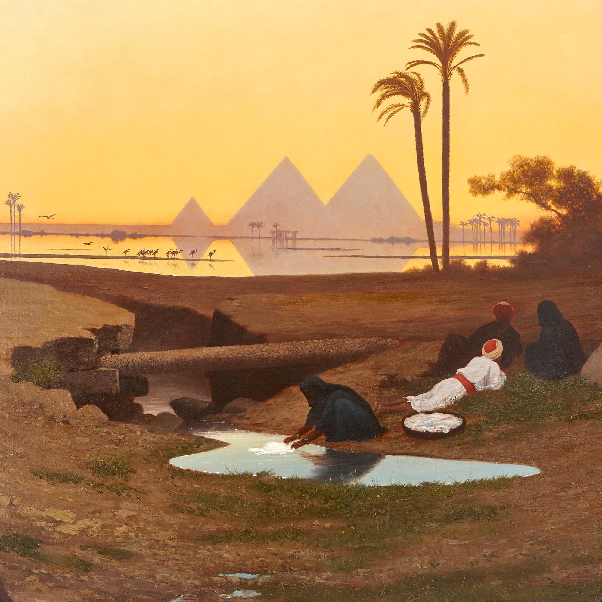 Großes orientalisches Landschaftsgemälde der Pyramiden von Giza:: Ägypten – Painting von Charles-Theodore Frere