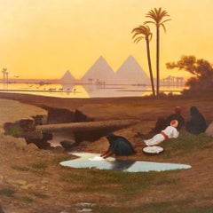 Large Orientalist landscape painting of the pyramids of Giza, Egypt