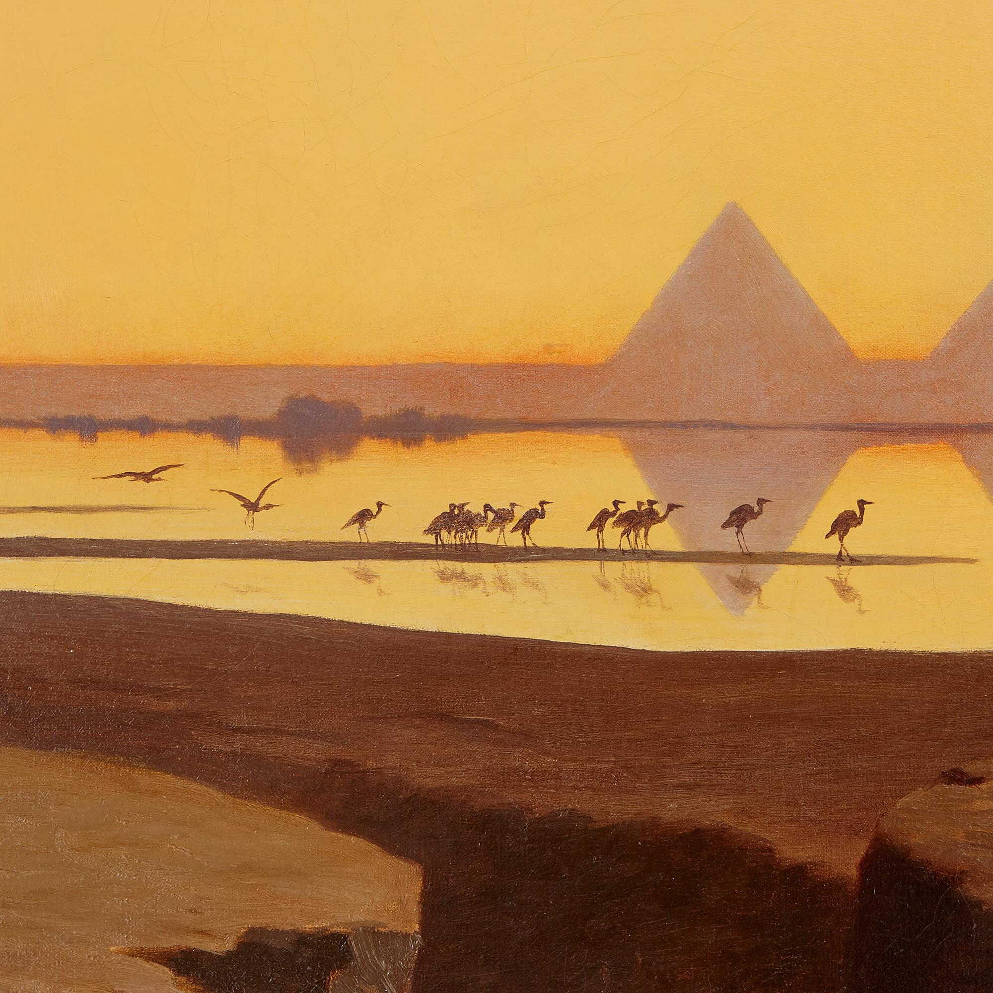 Großes orientalisches Landschaftsgemälde der Pyramiden von Giza:: Ägypten (Braun), Figurative Painting, von Charles-Theodore Frere
