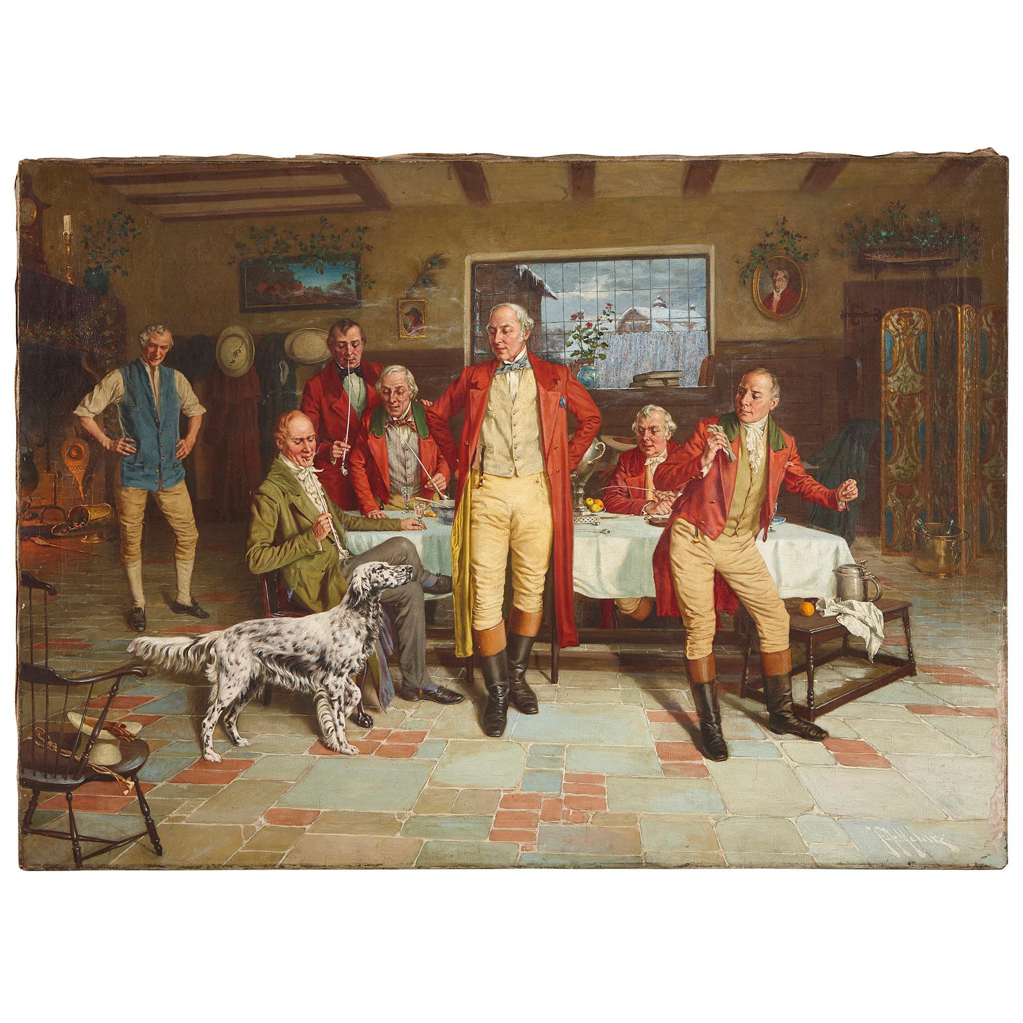 John Alfred Mohlte Interior Painting - Group portrait painting after the hunt, oil on canvas