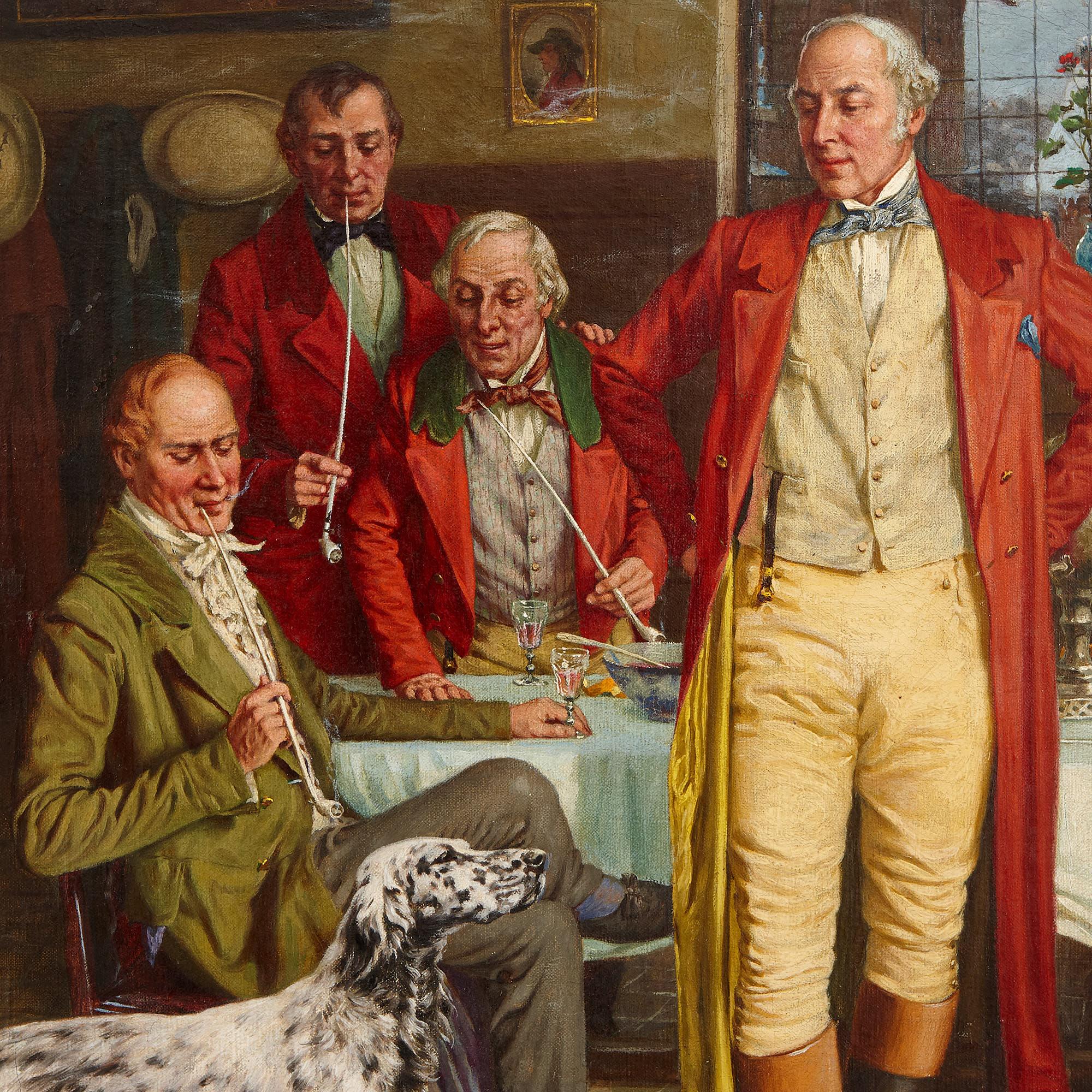 Group portrait painting after the hunt, oil on canvas - Painting by John Alfred Mohlte