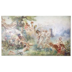 Antique 'Happy Arcadia' large mythological oil painting by Makovsky 