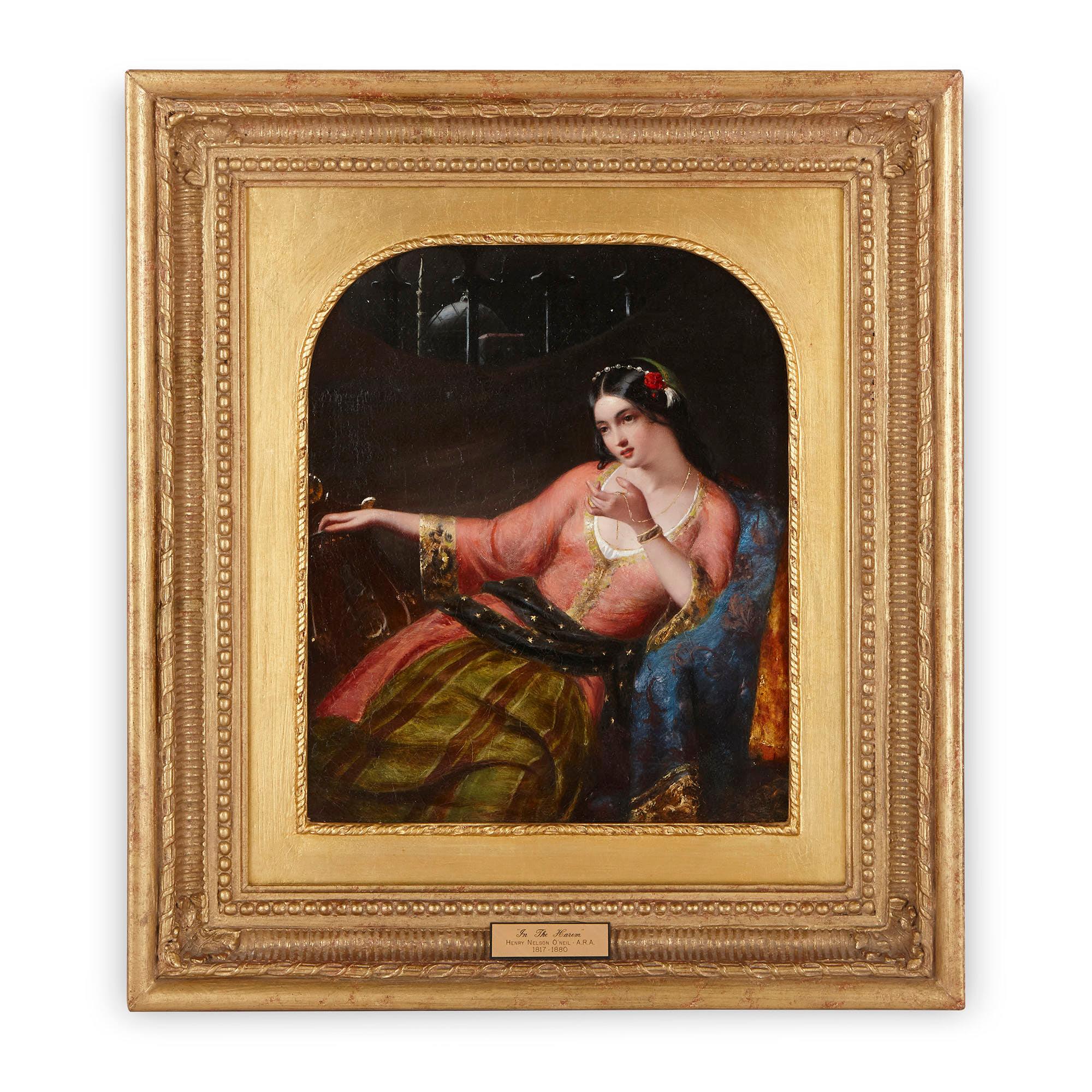Henry Nelson O'Neil Portrait Painting - Orientalist harem painting in giltwood frame by O’Neil 