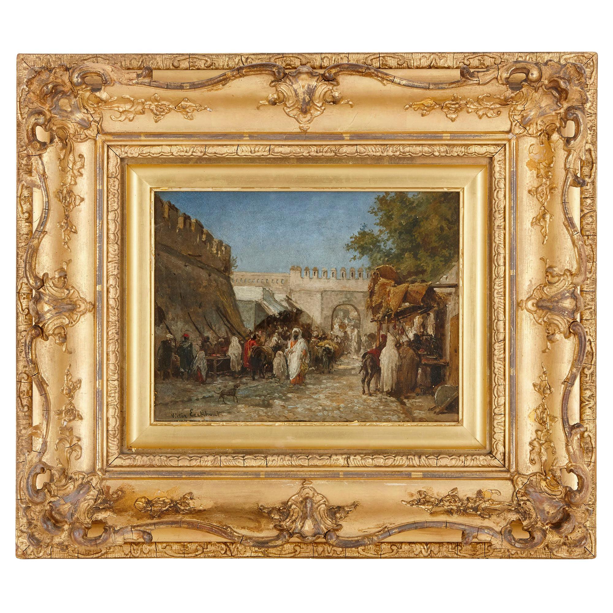 Victor Eeckhout Landscape Painting - Oil on panel painting of market in giltwood frame by Eeckhout 