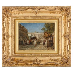 Oil on panel painting of market in giltwood frame by Eeckhout