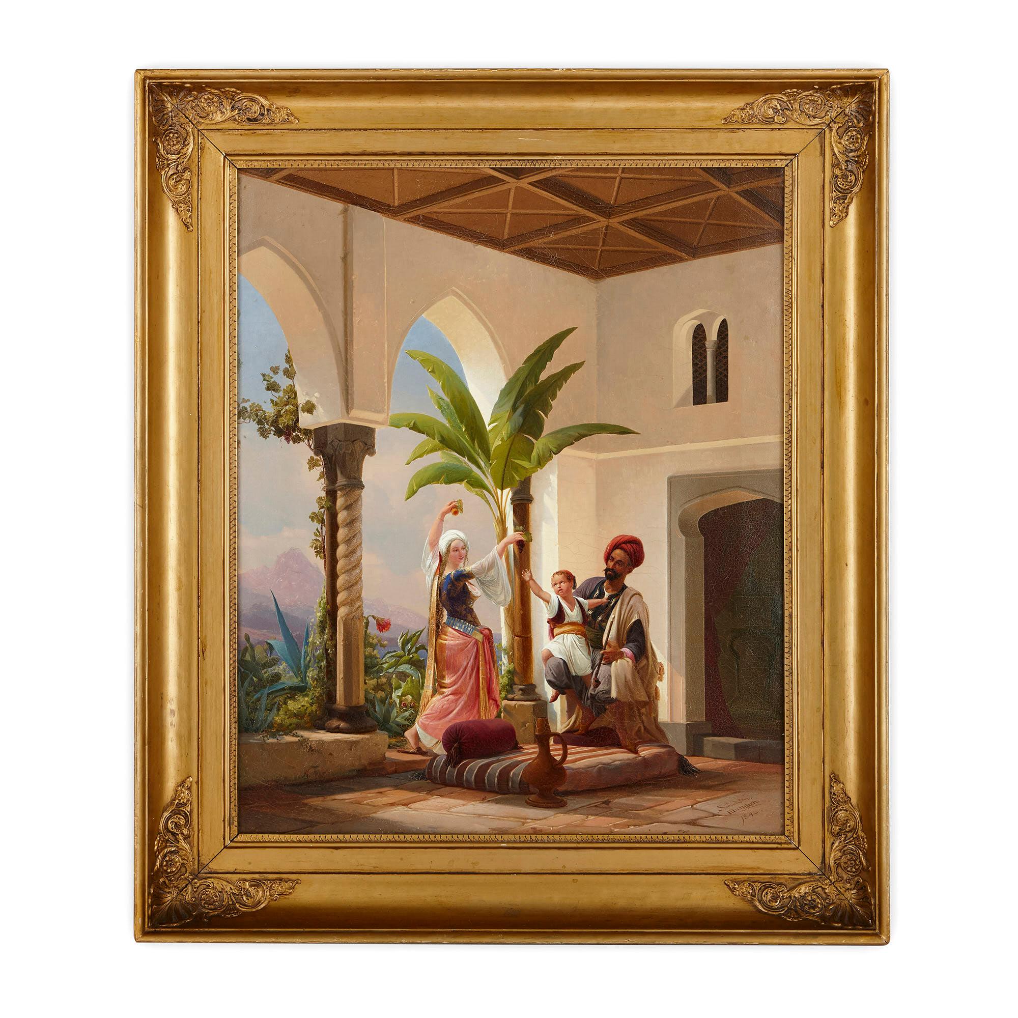 Niels Simonsen Interior Painting - Orientalist painting of parents playing with their son by Simonsen