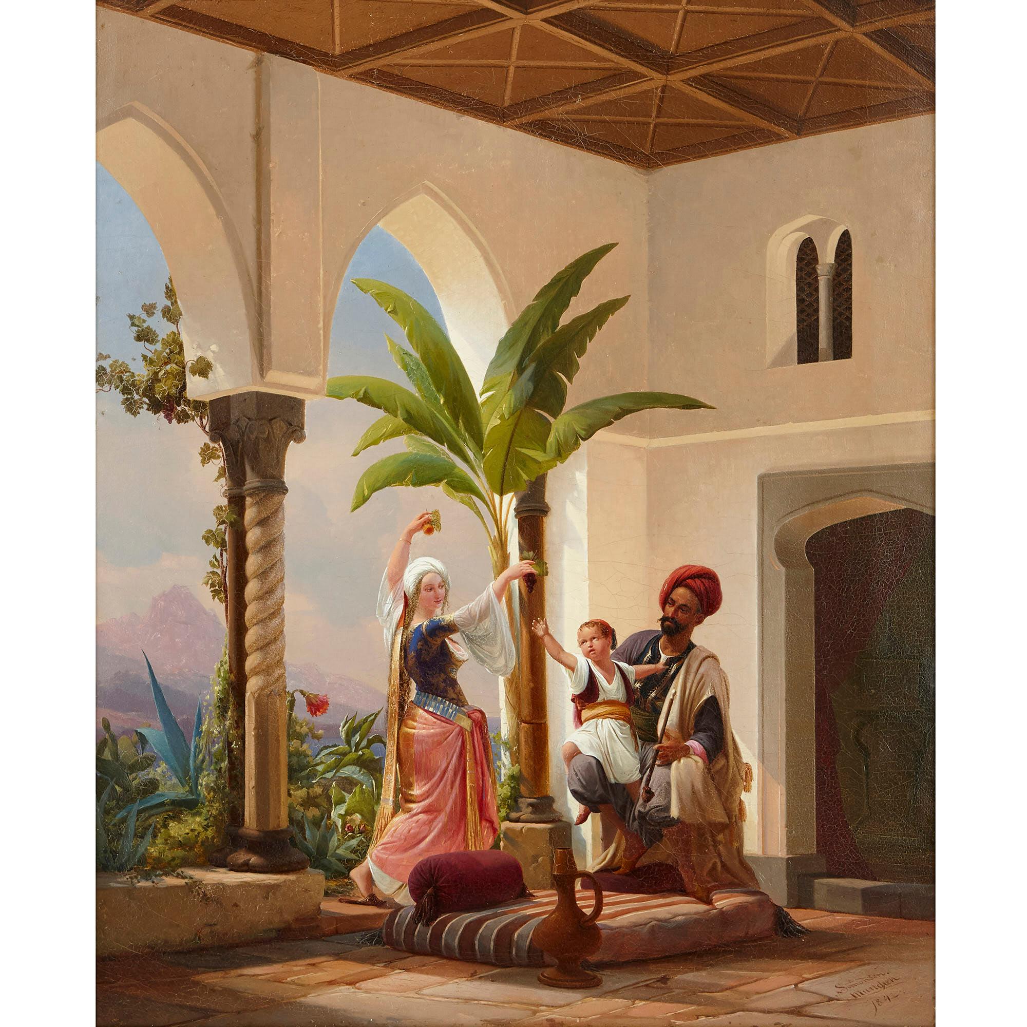 Orientalist painting of parents playing with their son by Simonsen - Painting by Niels Simonsen
