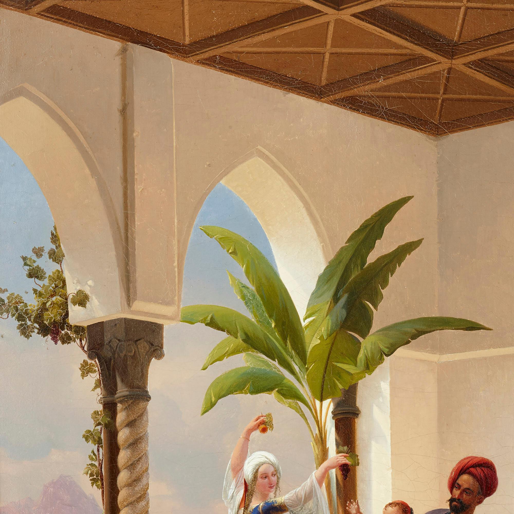Orientalist painting of parents playing with their son by Simonsen - Brown Interior Painting by Niels Simonsen
