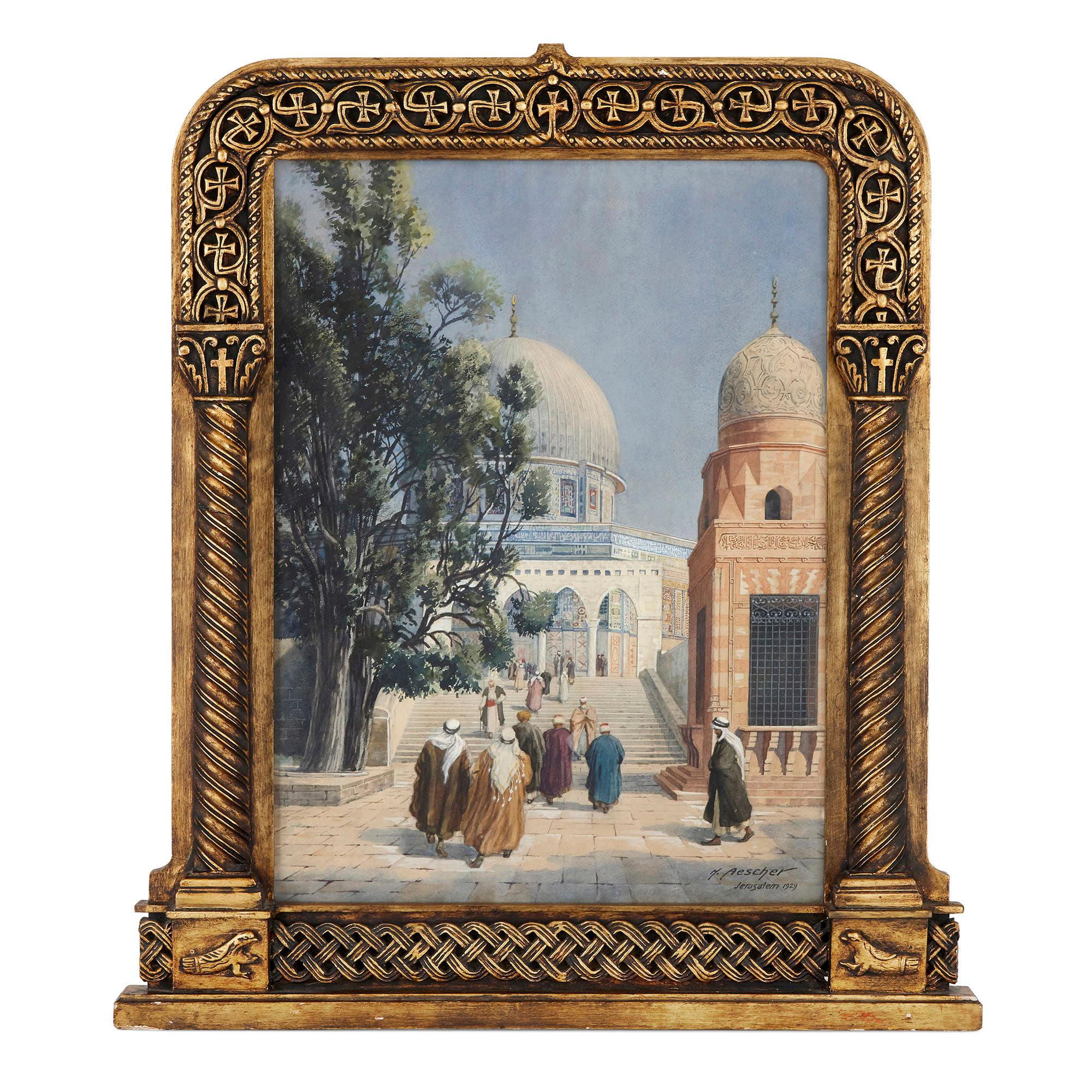 Cette impressionnante aquarelle représente le Dôme du Rocher à Jérusalem. Le dôme est visible derrière un écran en arc brisé, au sommet d'un escalier sur lequel des personnages se déplacent pour entrer et sortir de la mosquée. Ces personnages